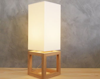 Modern table lamp with Oak wood base and beige linen lampshade, side table lamp for living room