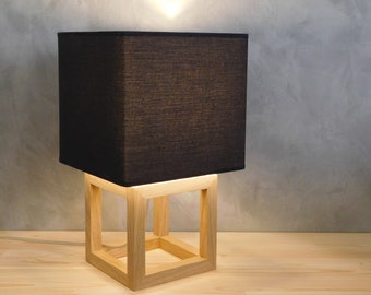 Wood table lamp with black lampshade for nightstand, modern side table lamp, mens new home gift ideas