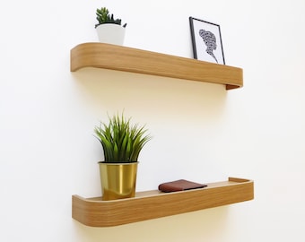 Modern Oak floating ledge shelf, wood curved shelf for pictures, living room decorative wall shelving