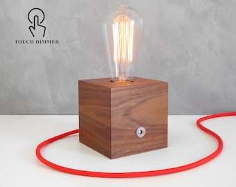 Wood edison touch lamp for side table, industrial small desk lamp base with dimmer, handmade wood gift for him