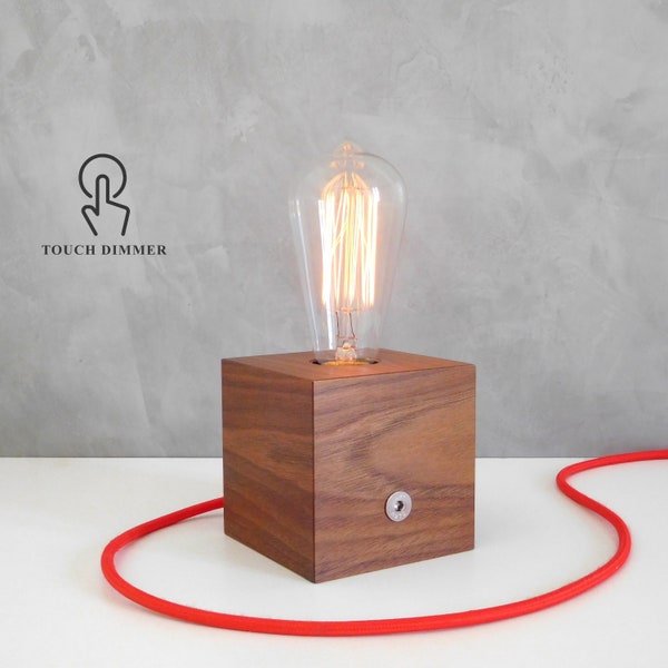 Wood edison touch lamp for side table, industrial small desk lamp base with dimmer, handmade wood gift for him