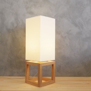 Modern table lamp with Oak wood base and beige linen lampshade, side table lamp for living room