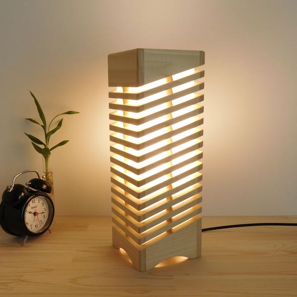 Wooden side table lamp for living room, handmade led lamp shade modern light fixture, new home gift ideas