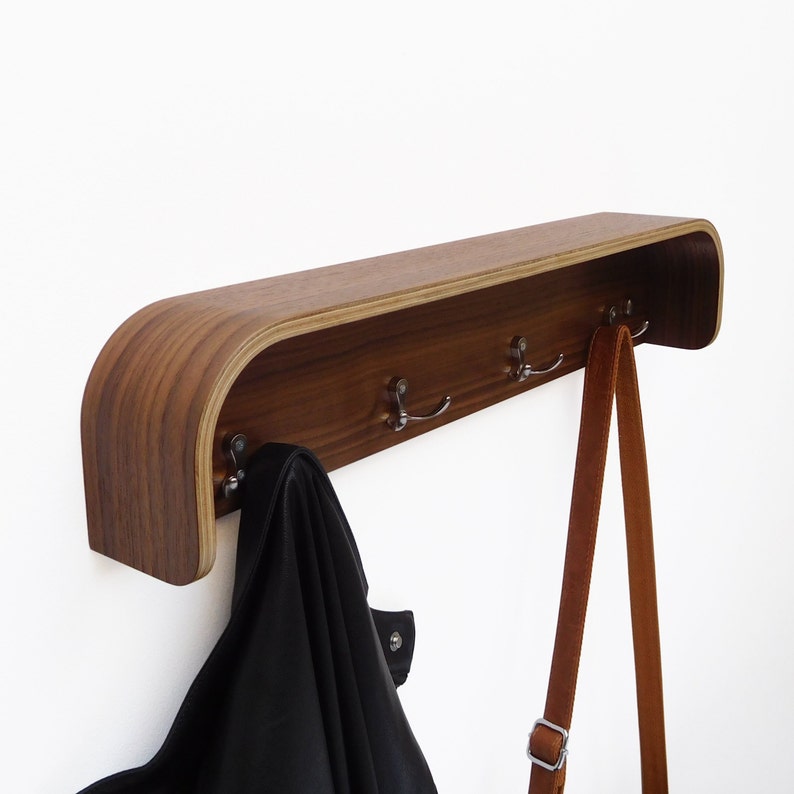 Wall rack with shelf, mid century entryway walnut wood coat hanger image 9