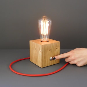 Wood touch lamp for side table, small rustic Edison lamp for nightstand, fathers day gift