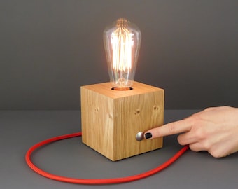 Edison Holz Lampe mit Touch Dimmer, kleine rustikale Nachttischlampe Geburtstag Holz Geschenke für Ihn