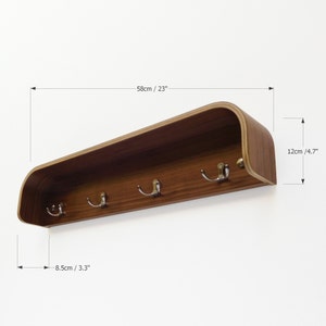 Wall rack with shelf, mid century entryway walnut wood coat hanger image 7