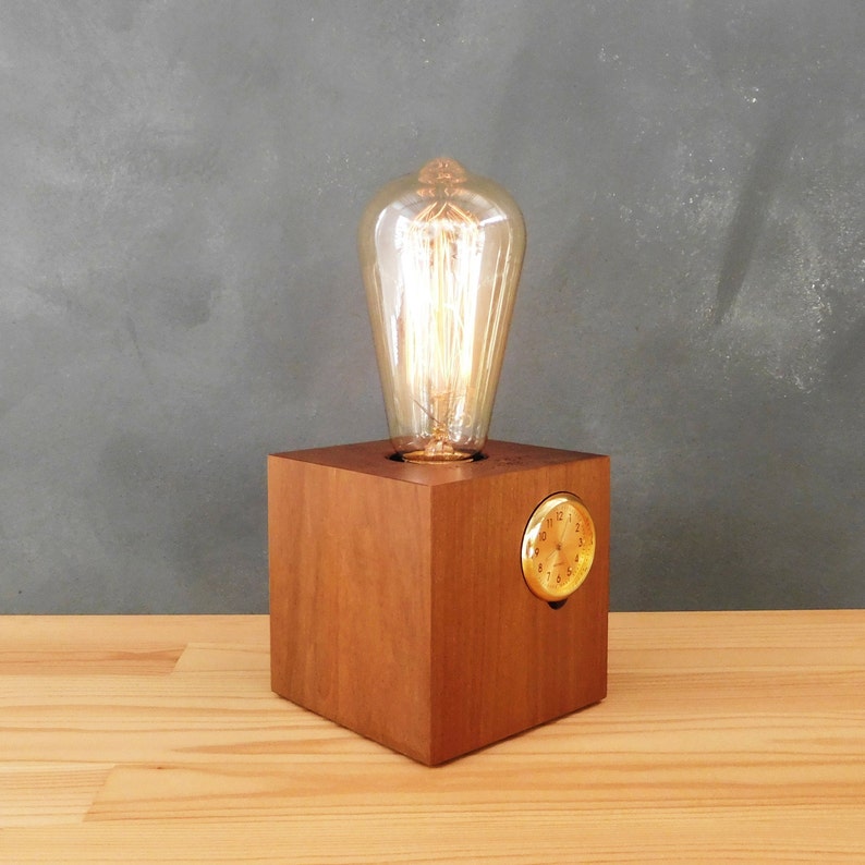 Wooden Table Lamp With Clock Small Mid Century Nightstand Etsy