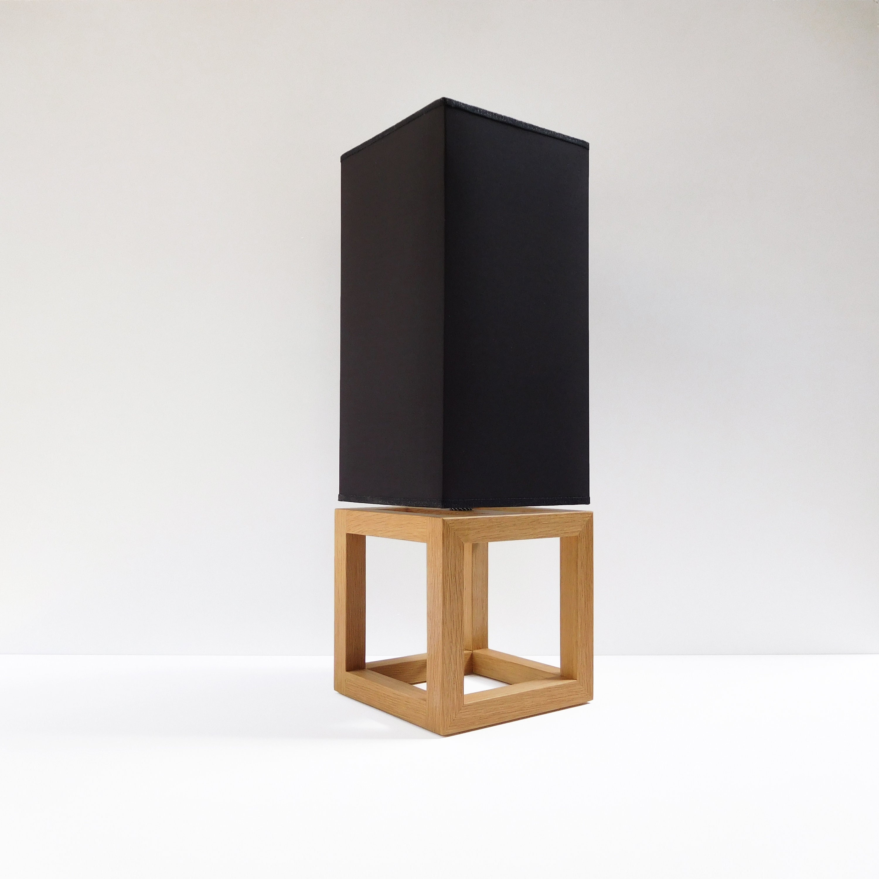 Table lamp with black linen lampshade and solid Oak wood base, handmade wooden bedside lamp