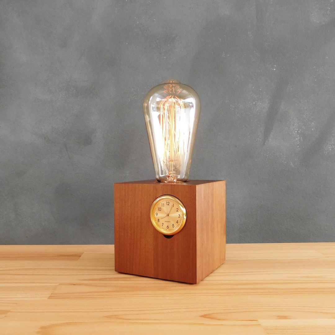 Wooden Table Lamp With Clock, Small Mid Century Nightstand Lamp ...