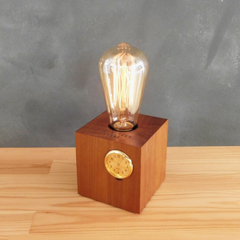 Wooden Table Lamp With Clock Small Mid Century Nightstand Etsy