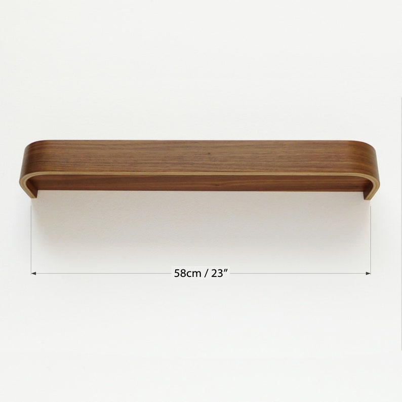 Walnut floating ledge shelf, modern rounded edge wood shelves for living room image 9