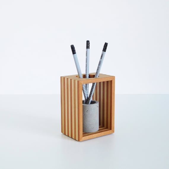 Modern wooden pencil holder geometric concrete pen holder for Etsy