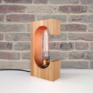 Wood table lamp, solid oak wood edison handmade lamp for nightstand, elegant home decor lighting