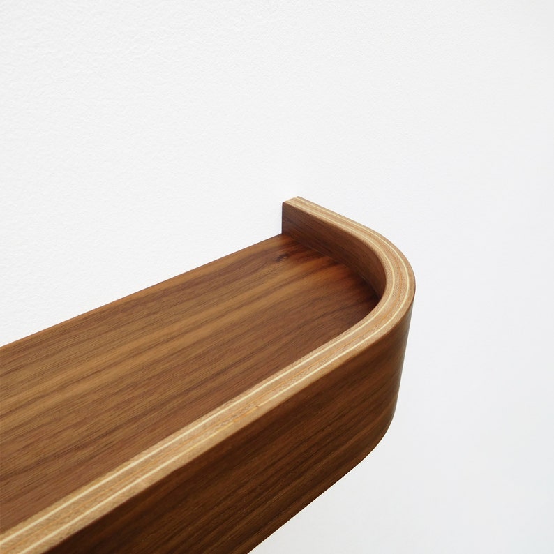 Walnut floating ledge shelf, modern rounded edge wood shelves for living room image 5