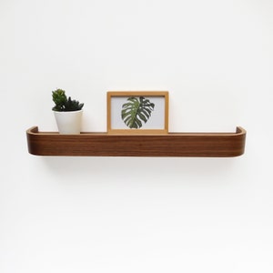 Walnut floating ledge shelf, modern rounded edge wood shelves for living room image 8
