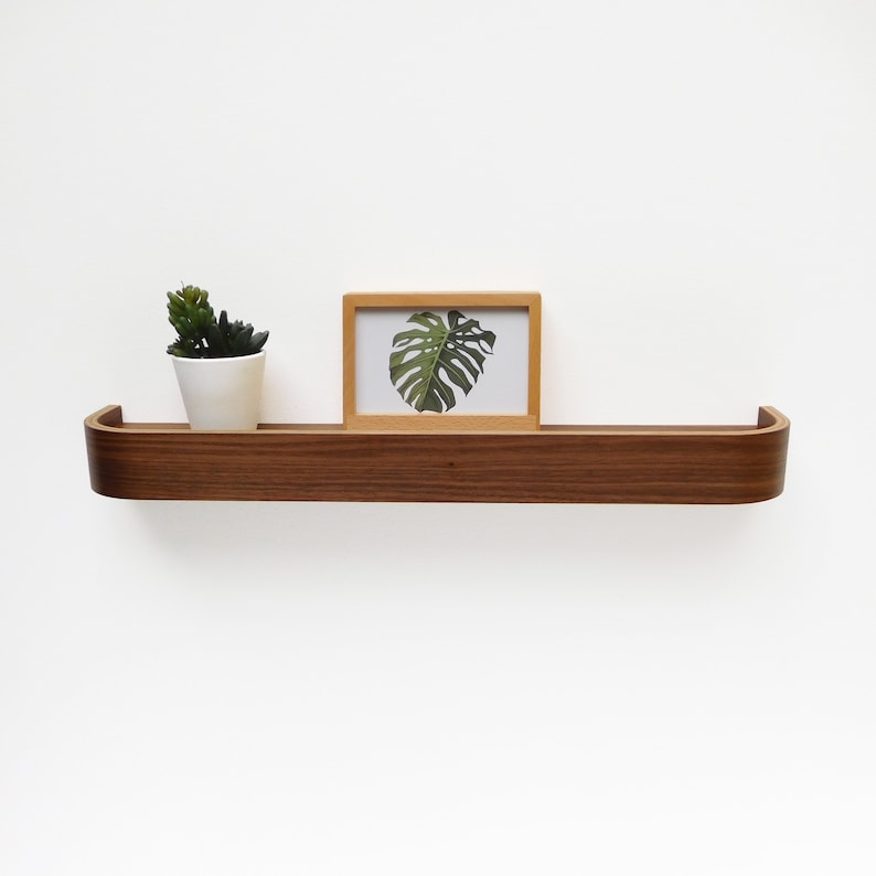 Walnut floating ledge shelf, modern rounded edge wood shelves for living room image 8