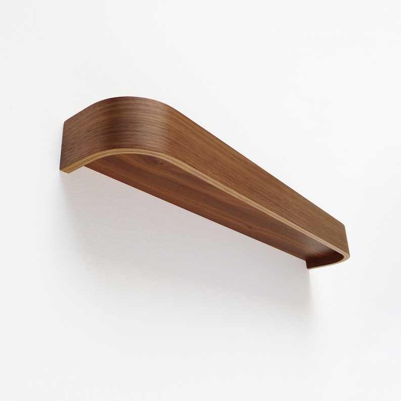 Walnut floating ledge shelf, modern rounded edge wood shelves for living room image 3