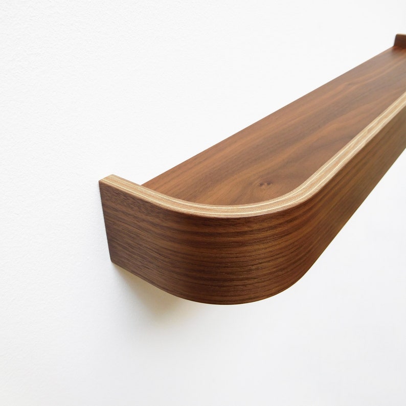 Walnut floating ledge shelf, modern rounded edge wood shelves for living room image 7