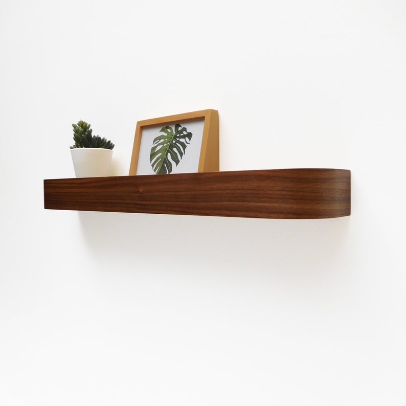 Walnut floating ledge shelf, modern rounded edge wood shelves for living room image 4