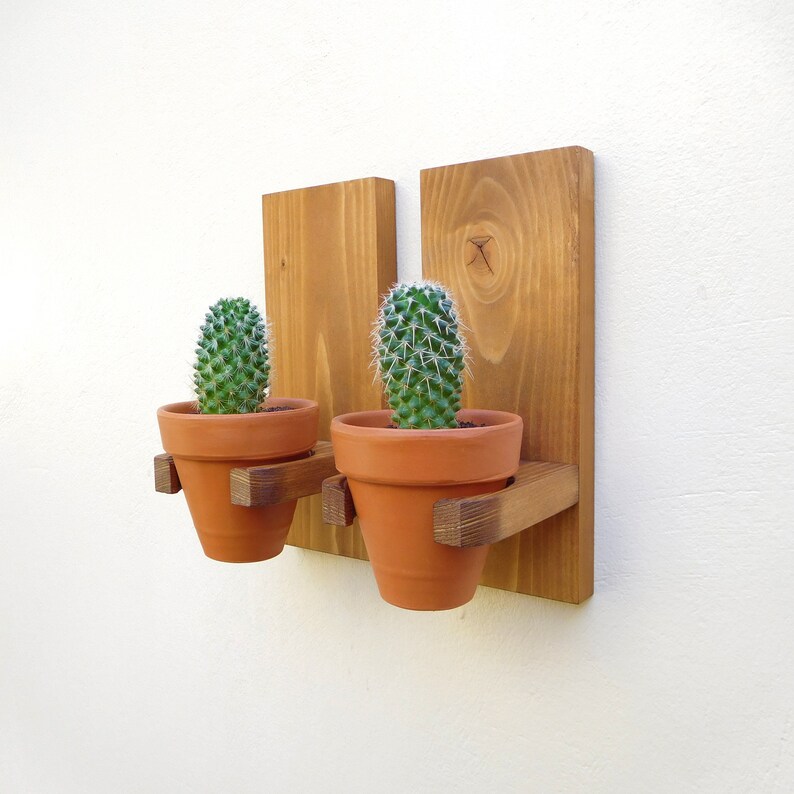 Wood mounted plant hanger with succulent pot wall mounted rustic plant holder terra cotta cactus planter sets succulent wall planter garden