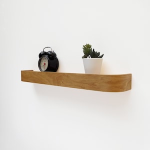 Mid century floating ledge shelf, modern rounded rustic Oak wall shelves for living room