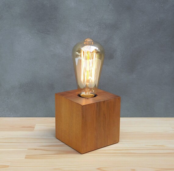 Wood edison lamp base with bulb bedside lamp dimmer rustic Etsy