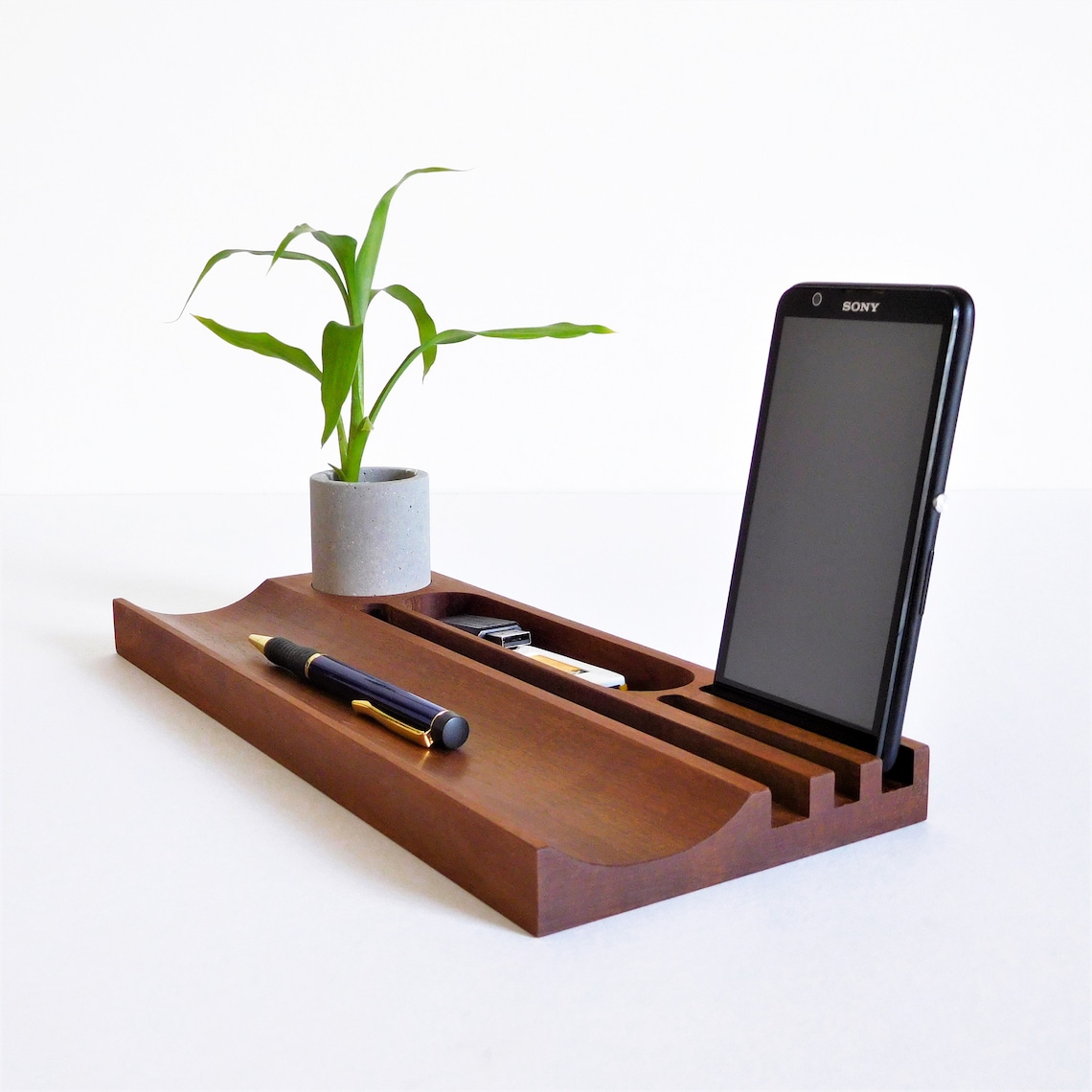 Wood Desk Organizer Pen Tray With Concrete Pencil Cup Desk Etsy