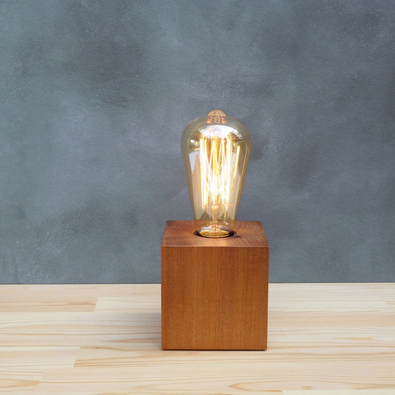 Wood edison lamp base bedside lamp dimmer rustic small cube Etsy