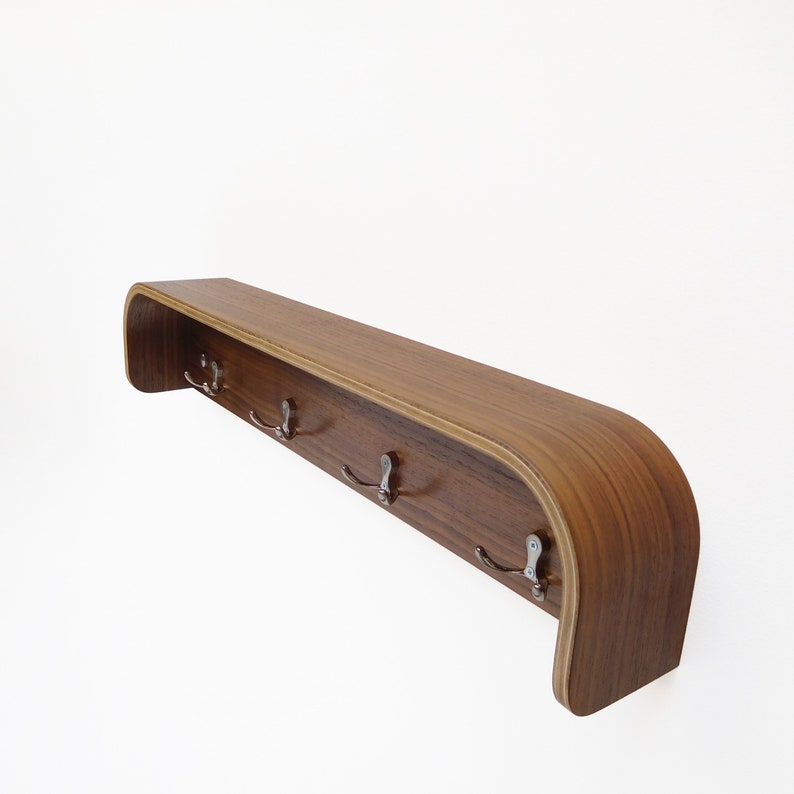 Wall rack with shelf, mid century entryway walnut wood coat hanger image 10