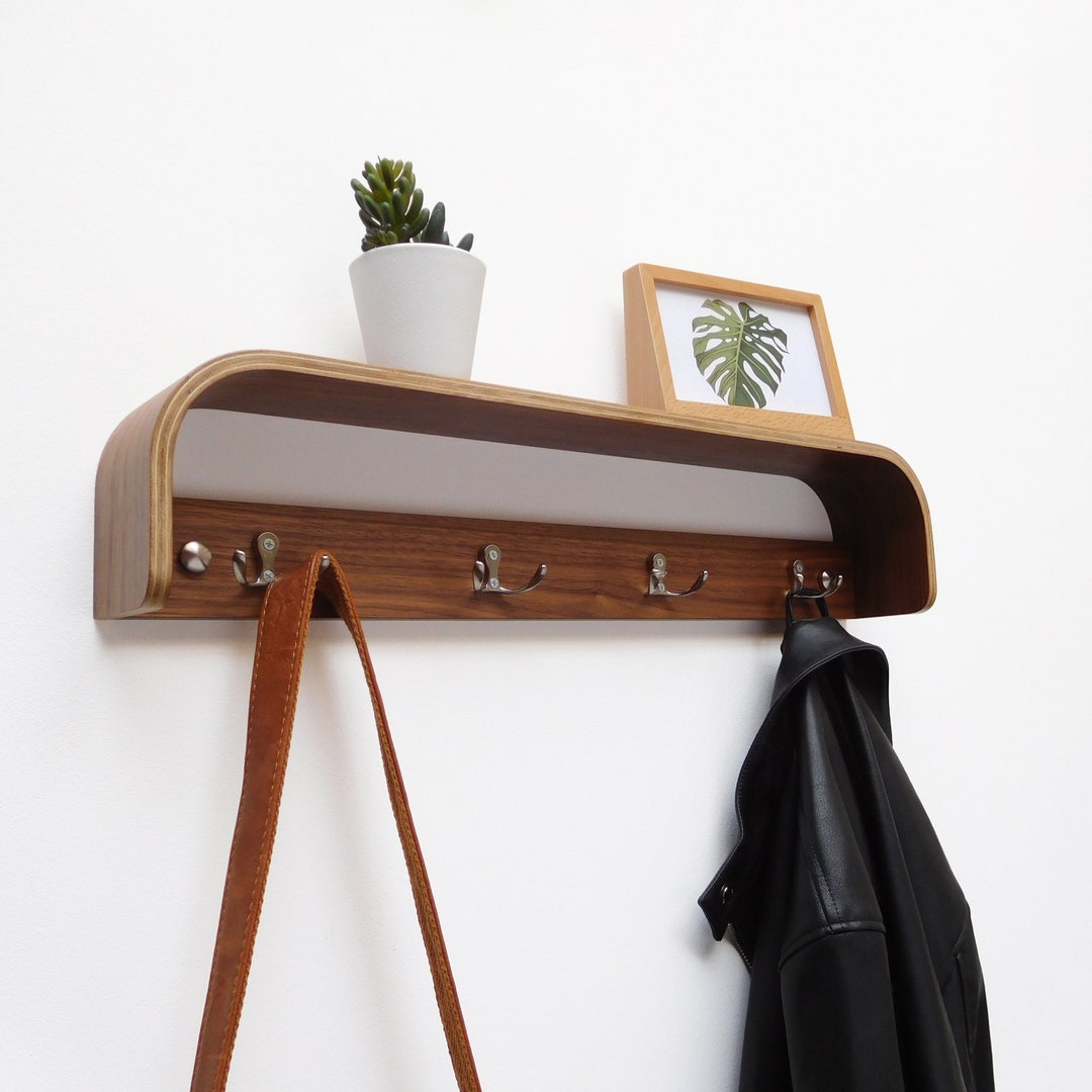 Wall Rack With Shelf Mid Century Hallway Walnut Wood Coat Etsy
