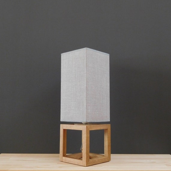 Mid-Century Modern Oak Table Lamp with Gray Linen Shade, Handmade Wooden Lamp for Bedroom