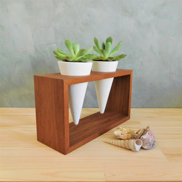 Concrete set of planters on wood plant stand indoor small cactus garden decor mini planters for desk wood gifts for her