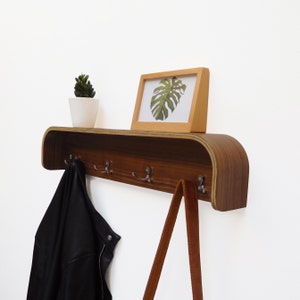 Wall rack with shelf, mid century entryway walnut wood coat hanger image 8