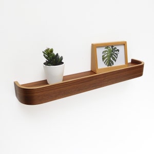 Walnut floating ledge shelf, modern rounded edge wood shelves for living room image 6
