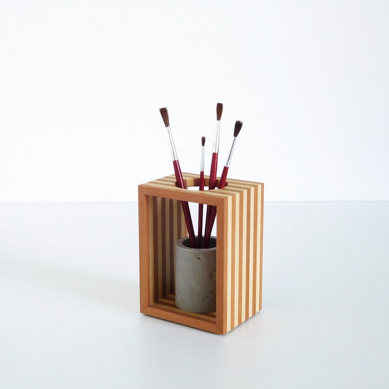 Modern Pencil Holder Concrete and Wood Geometric Pen Holder Etsy