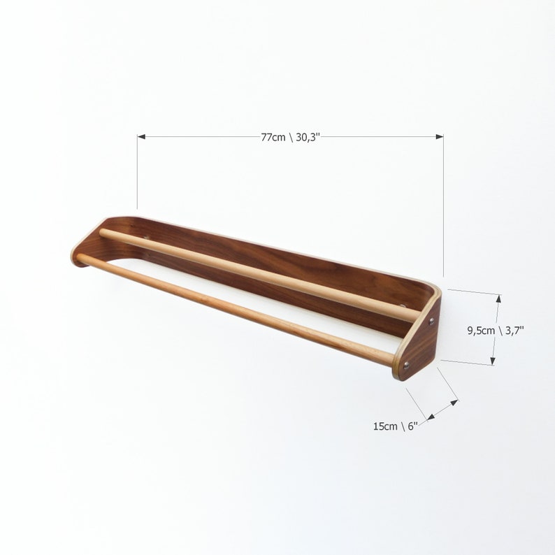 Walnut long towel bar, bathroom wall towel rack, wood double towel rail horizontal, modern bath accessories image 4