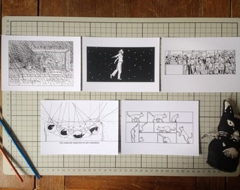 Conjunto de cartões postais de gatos e constelações: arte em quadrinhos com caneta e tinta (conjunto de 5)