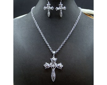 Brighton Inspired Antique Silver Elegant Floral Filigree Swarovski Crystal Embellished Cross Pendant Necklace Set - 40036