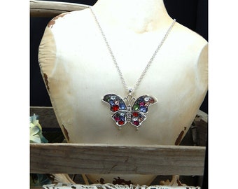 Artisan Created High Polished Silver Framed Inlaid Multi Colored Swarovski Crystals Winged Butterfly Fashion Necklace Set - 40016