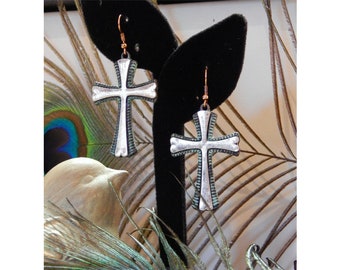 Bohemian Patina Framed Double Antique Hammered Silver Cross Long Statement Drop Earrings - PIERCED ONLY - 31334