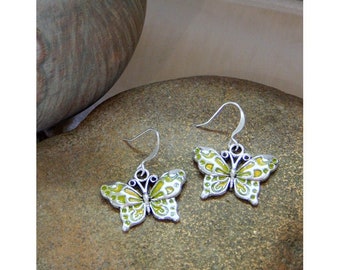 Artisan Antique Silver Framed Crystalline Yellow Hand Enameled Butterfly Fashion Drop Earrings - 18180