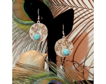 Textured Silver Art Deco Muted Golden Geometric Abstract Swirl Framed Natural Turquoise Gemstone Statement  Earrings - 31522