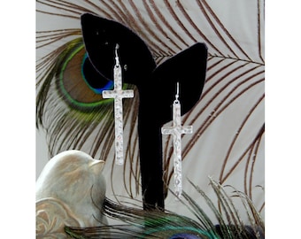 Minimalist Inspired High Polished Hammered Silver "Simply Elegant" Long Cross Fashion Drop Earrings - 32208