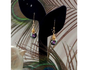 Victorian Inspired Antique Gold Embellished Swarovski Iridescent Purple Pearl High Fashion Dainty Earrings - 18310