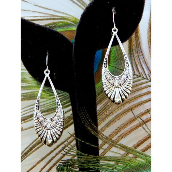 Brighton Inspired Swarovski Clear Crystal Accented Elongated Open Antique Silver Teardrop Fashion Earrings - 30642