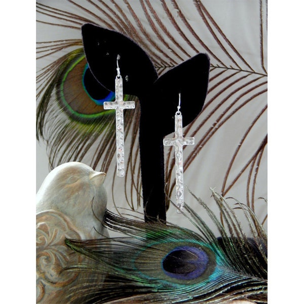 Minimalist Inspired High Polished Hammered Silver "Simply Elegant" Long Cross Fashion Drop Earrings - 32208