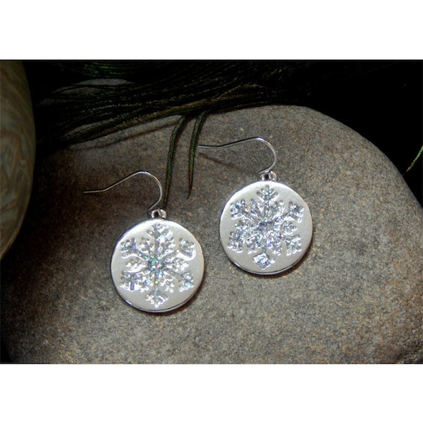 Swarovski Aurora Borealis Crystal Fleck Accented Engraved Polished Silver Snowflake Fashion Drop Earrings - 30451