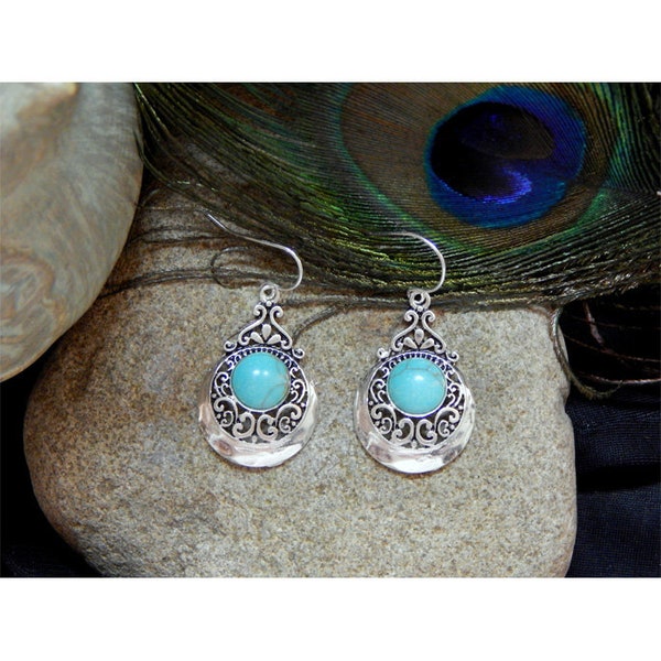 Brighton Inspired Inlaid Turquoise Open Floral Filigree Framed Rounded Hammered Shield Silver Earrings - 31258