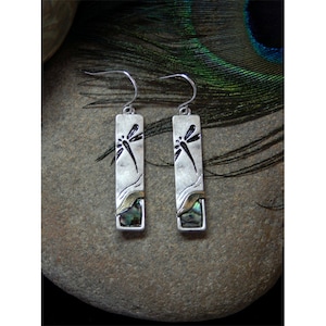 Folk Art Inspired Dragonfly Elongated Hammered Silver and Gold Accented Long Drop Earrings With Inlaid Natural Abalone Shell - 30282